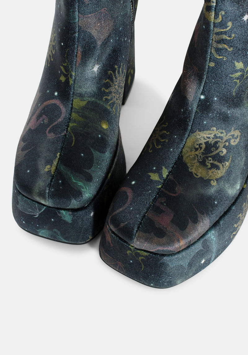 Phoenix Dragon Velvet Platform Boots