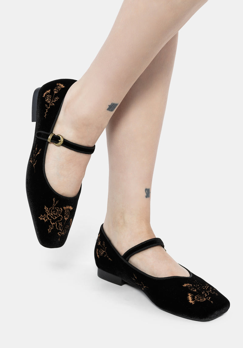 Nyla Velvet Embroidered Ballerina Pumps