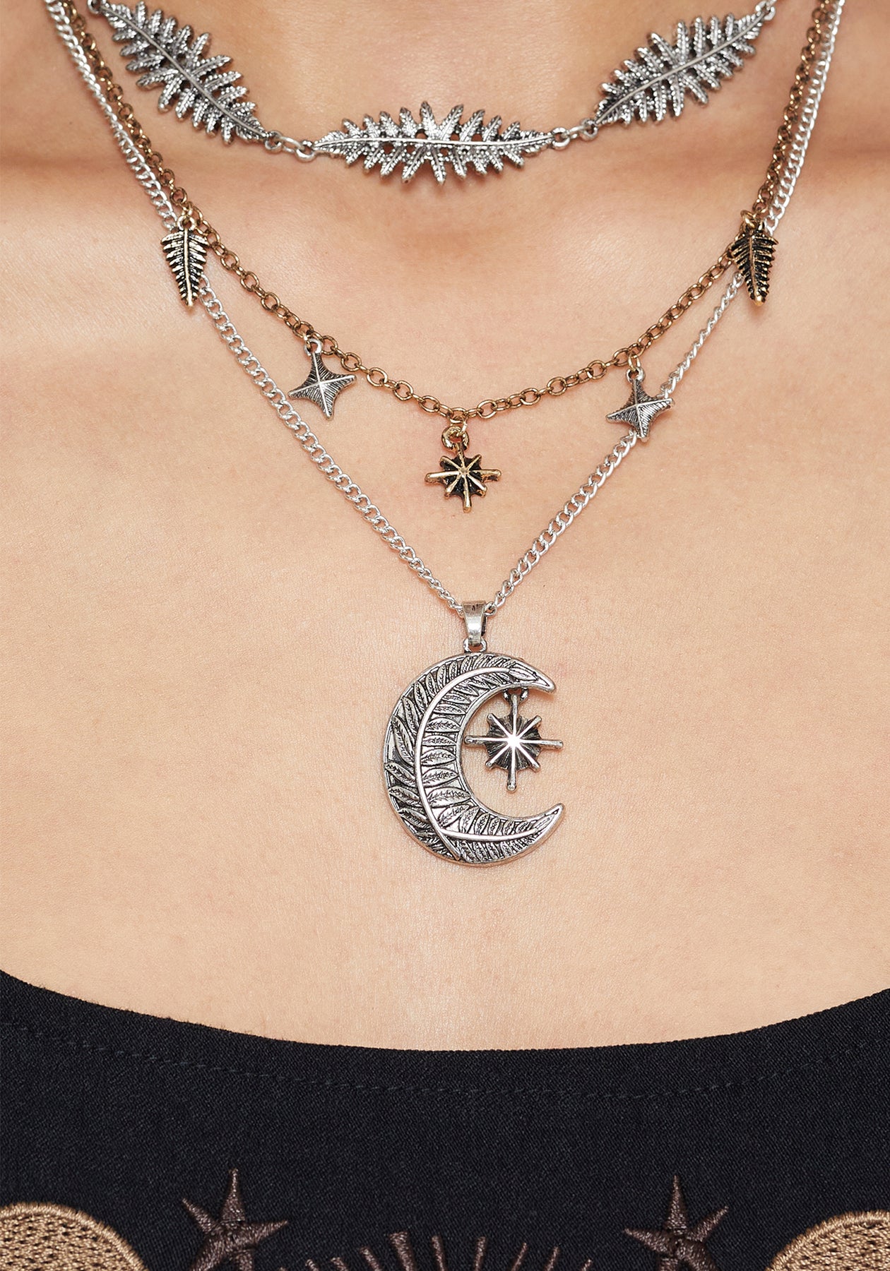 Abellona Moon Fern Layered Charm Necklace