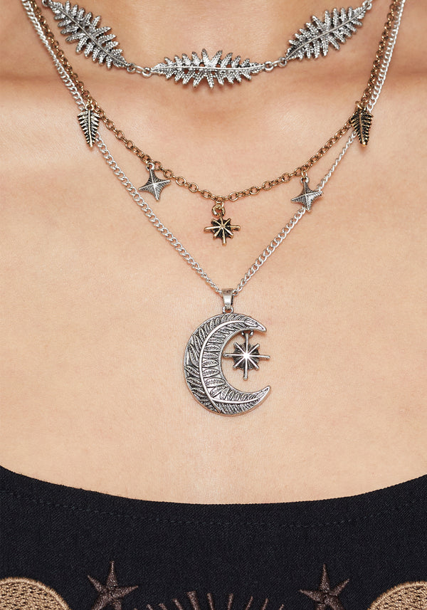 Abellona Moon Fern Layered Charm Necklace