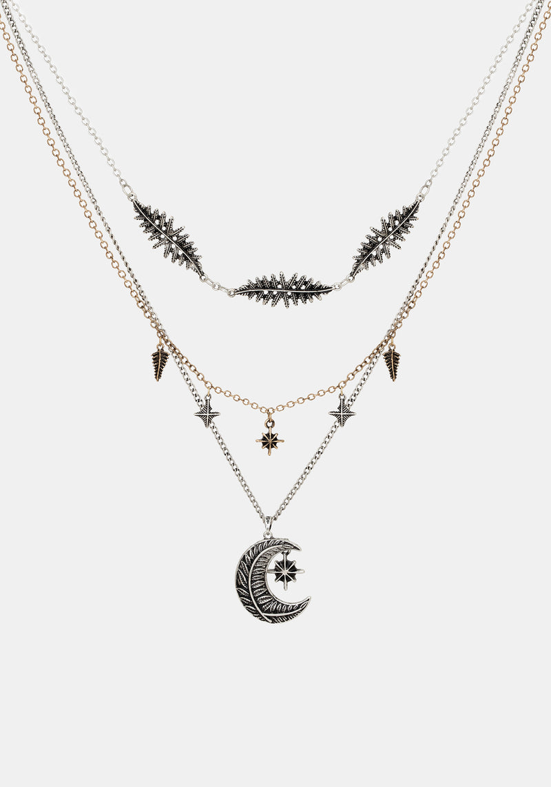 Abellona Moon Fern Layered Charm Necklace