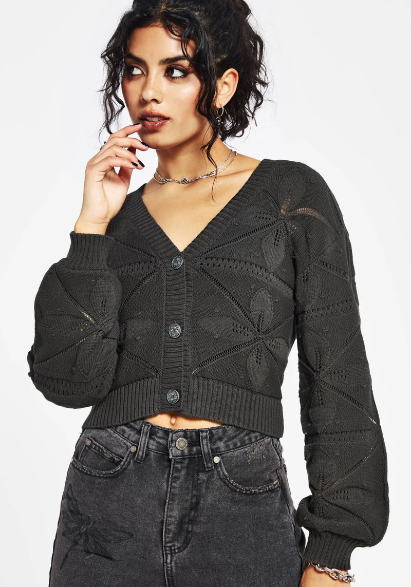 Alda Floral Pointelle Balloon Sleeve Knit Cardigan