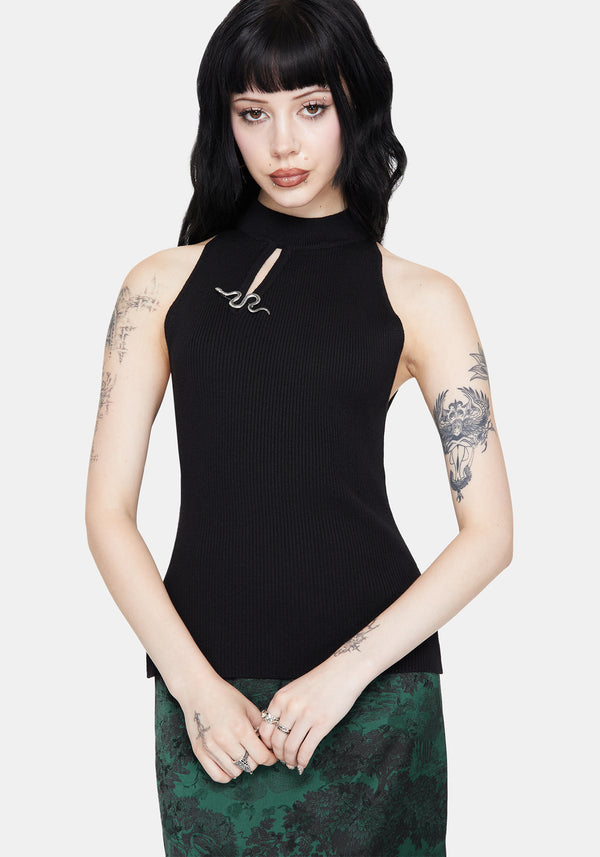 Apollo Snake Brooch Cut Out Detail Sleeveless Knit Top