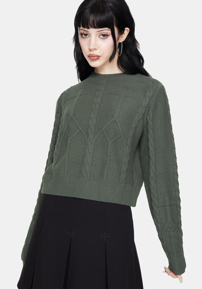 Noir Cotton Gothic Arch Cropped Cable Knit Jumper
