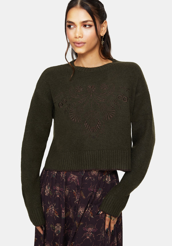 Eclipsia Floral Embroidered Cropped Knit Jumper