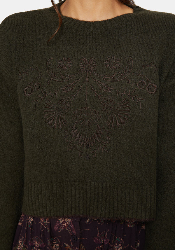 Eclipsia Floral Embroidered Cropped Knit Jumper