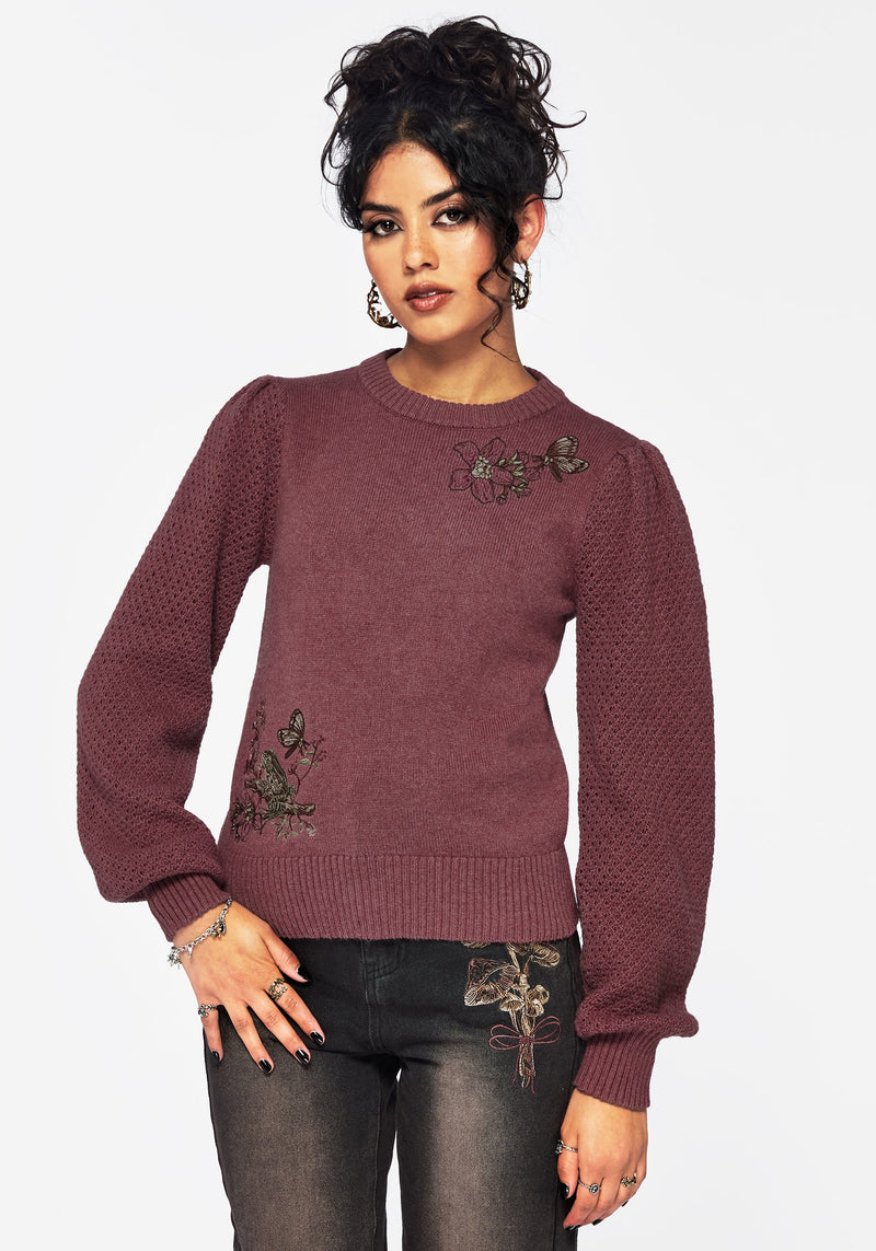 Dana Floral Moth Embroidered Jumper - Purple