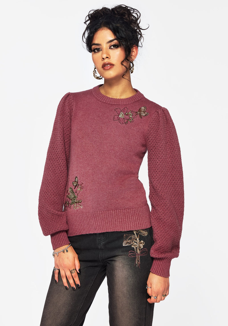Dana Floral Moth Embroidered Jumper - Purple