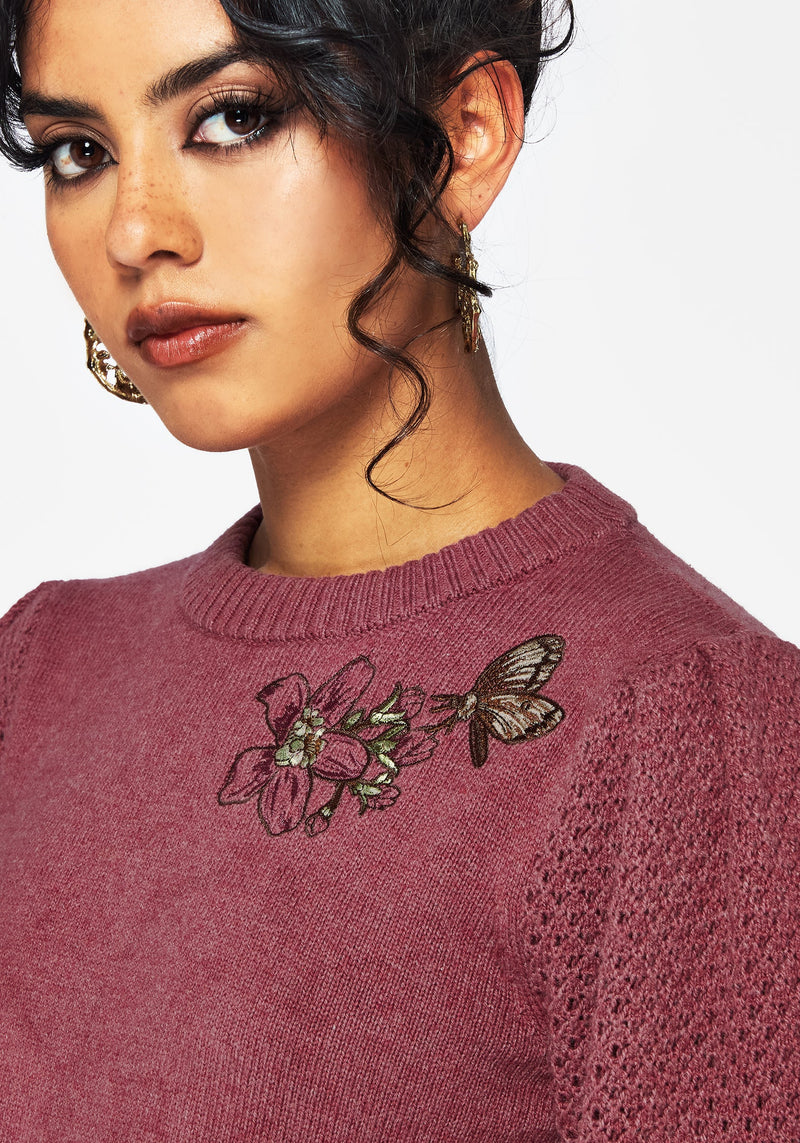 Dana Floral Moth Embroidered Jumper - Purple
