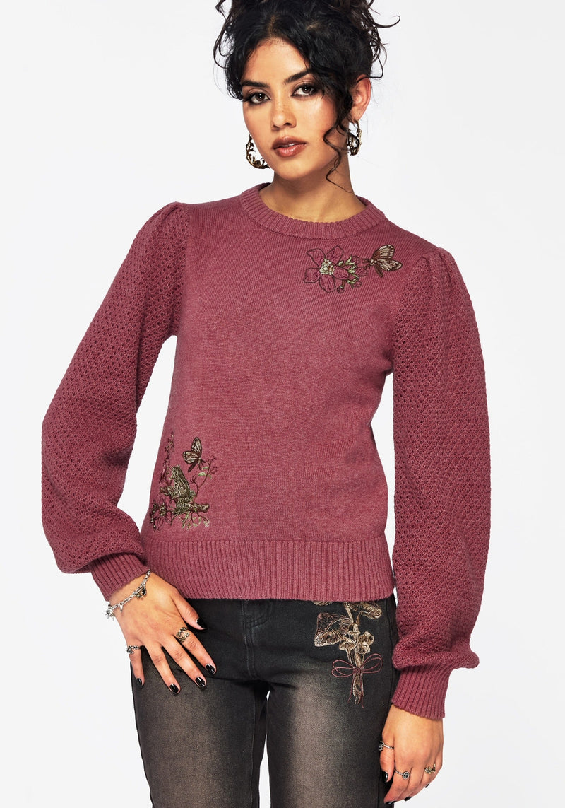 Dana Floral Moth Embroidered Jumper - Purple