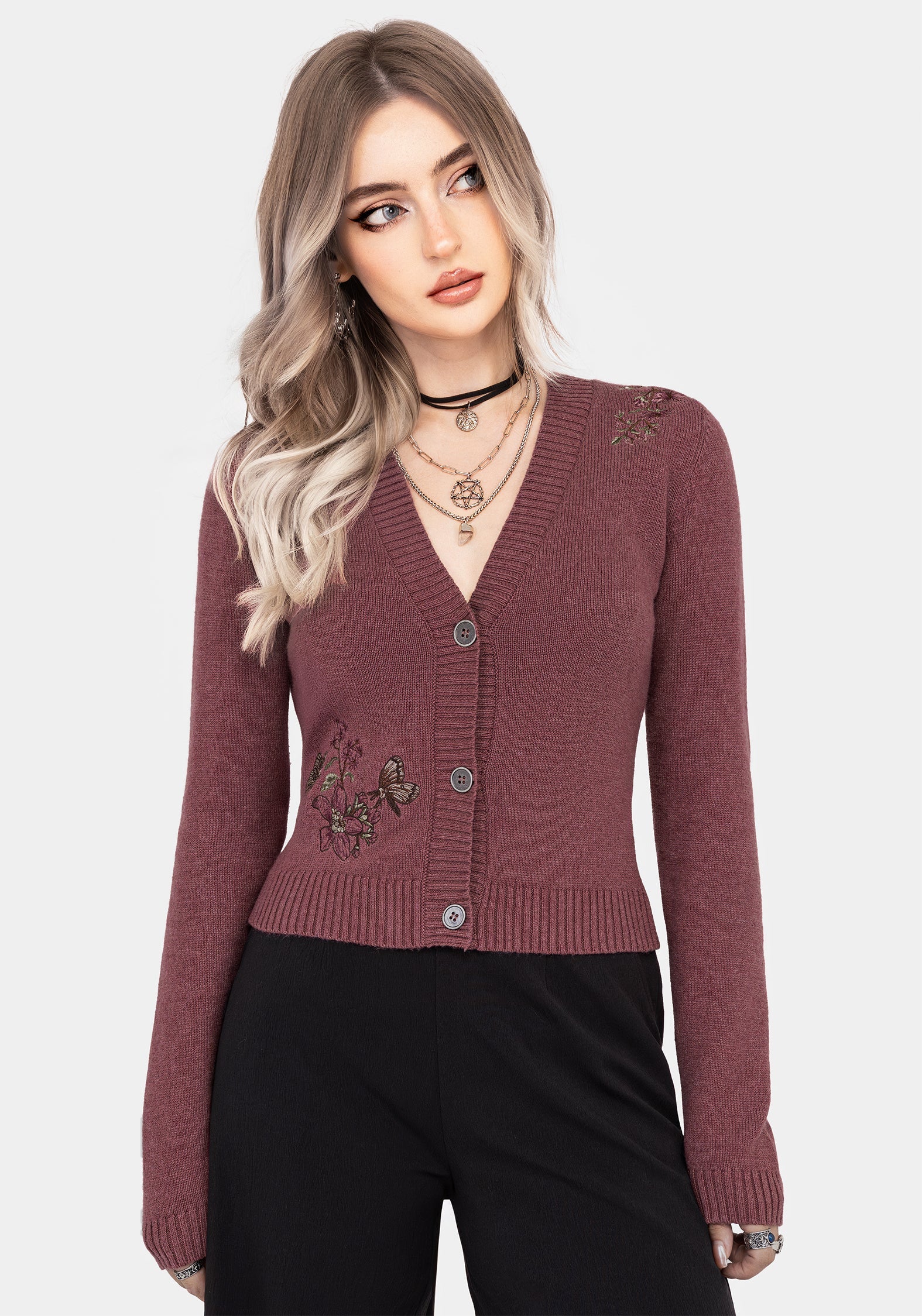 Dana Floral Moth Embroidered Cardigan - Purple