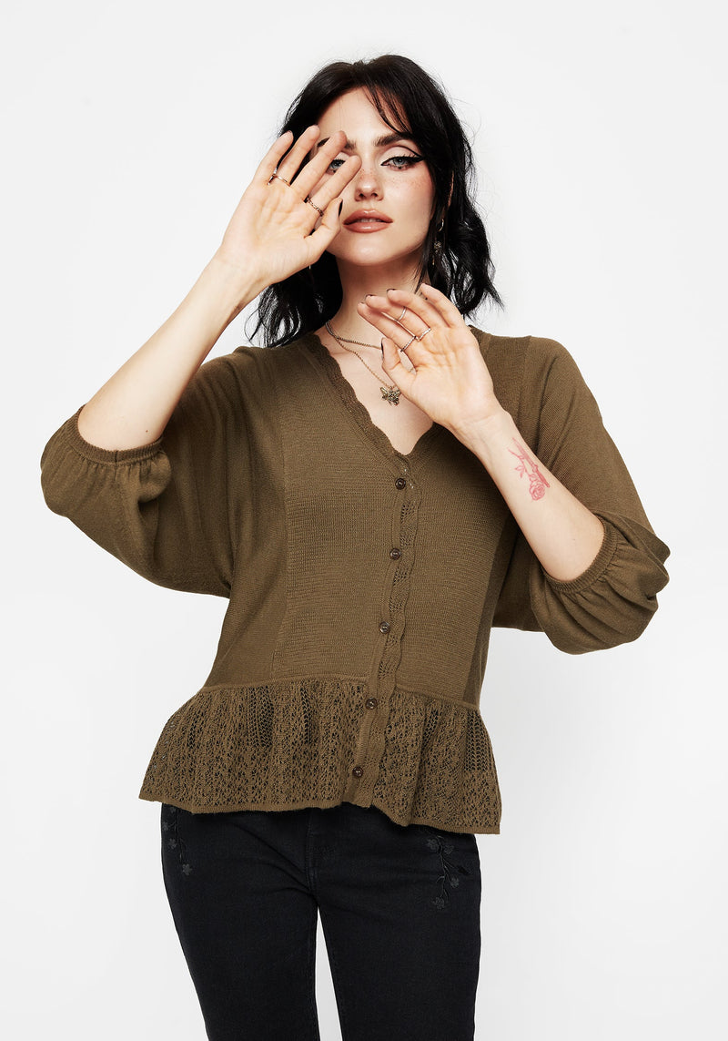 Avalon Puff Sleeve Button Up Knit Blouse