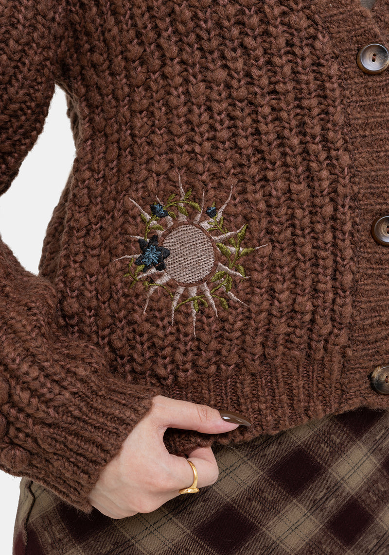 Isla Chunky Bobble Moon Embroidered Knit Cardigan