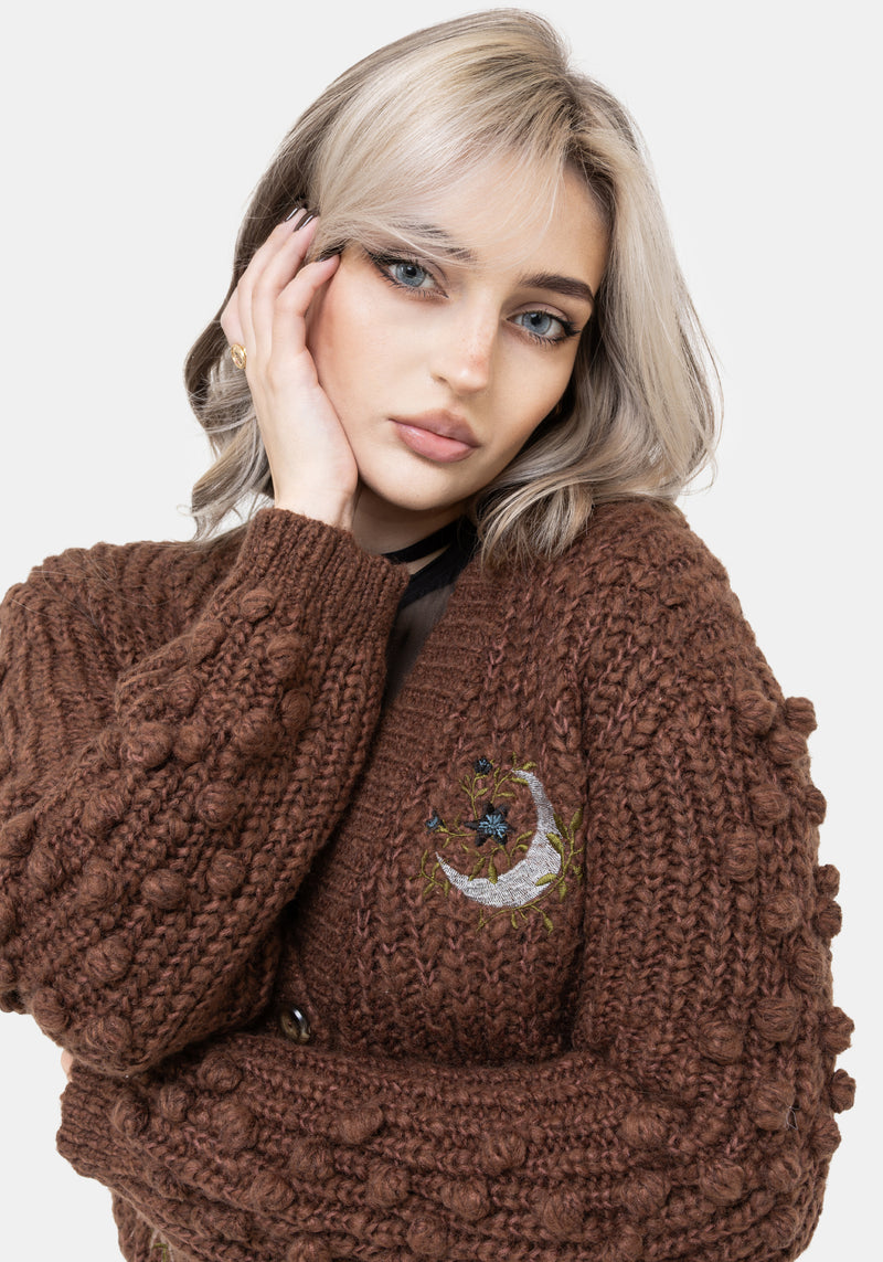 Isla Chunky Bobble Moon Embroidered Knit Cardigan
