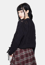 Sycamore Cotton Lace Up Sleeve Cable Knit Crop Jumper - Navy