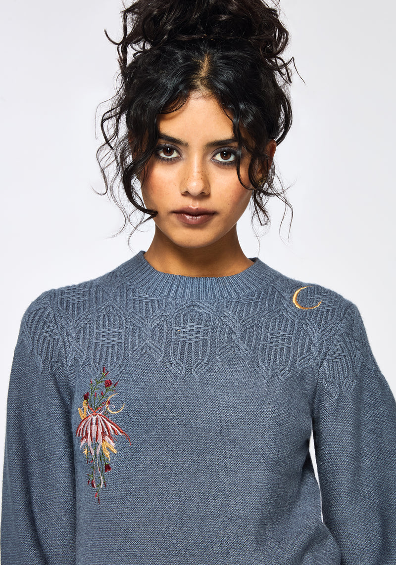 Selenia Moth Embroidered Cable Twist Knit Jumper - Blue