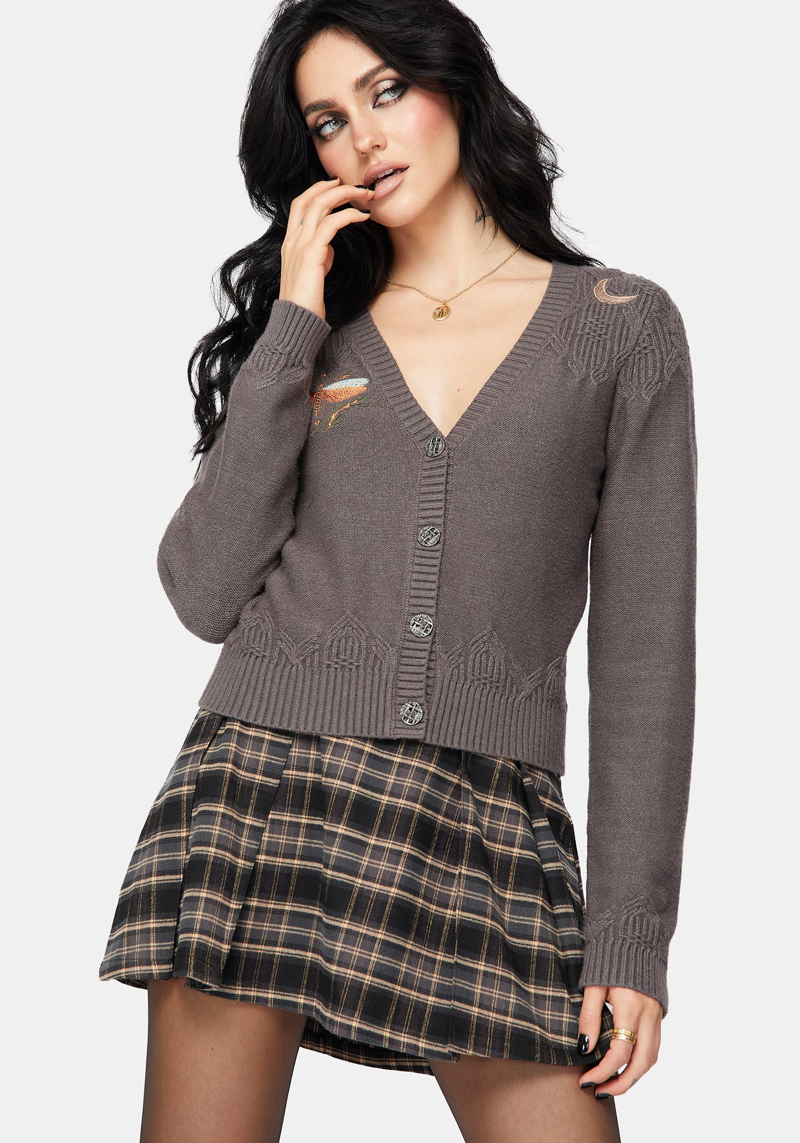 Griffinfly Embroidered Knit Cardigan - Grey