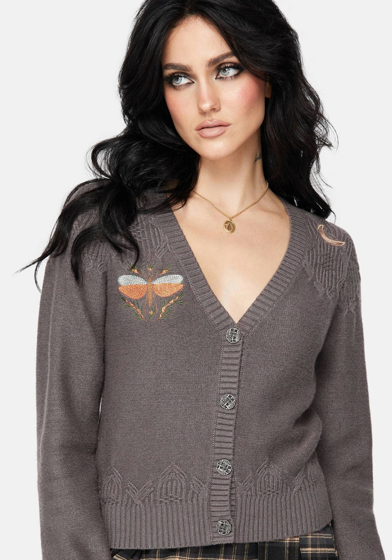 Griffinfly Embroidered Knit Cardigan - Grey