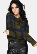 Nelly Spliced Check Bug Jacquard Cropped Knit Jumper