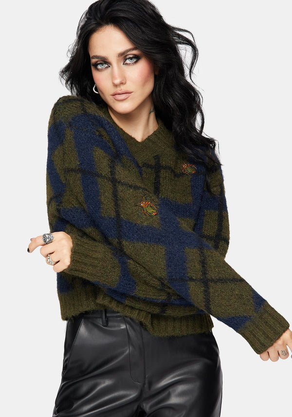 Nelly Spliced Check Bug Jacquard Cropped Knit Jumper