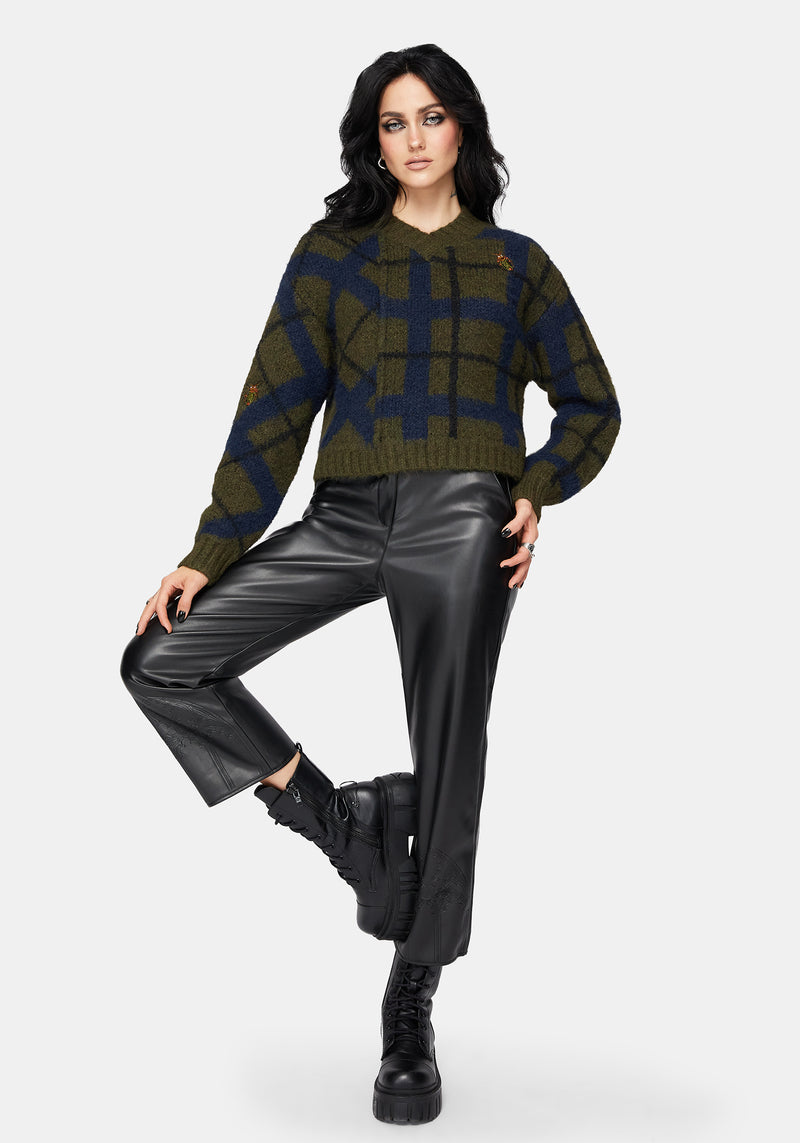 Nelly Spliced Check Bug Jacquard Cropped Knit Jumper