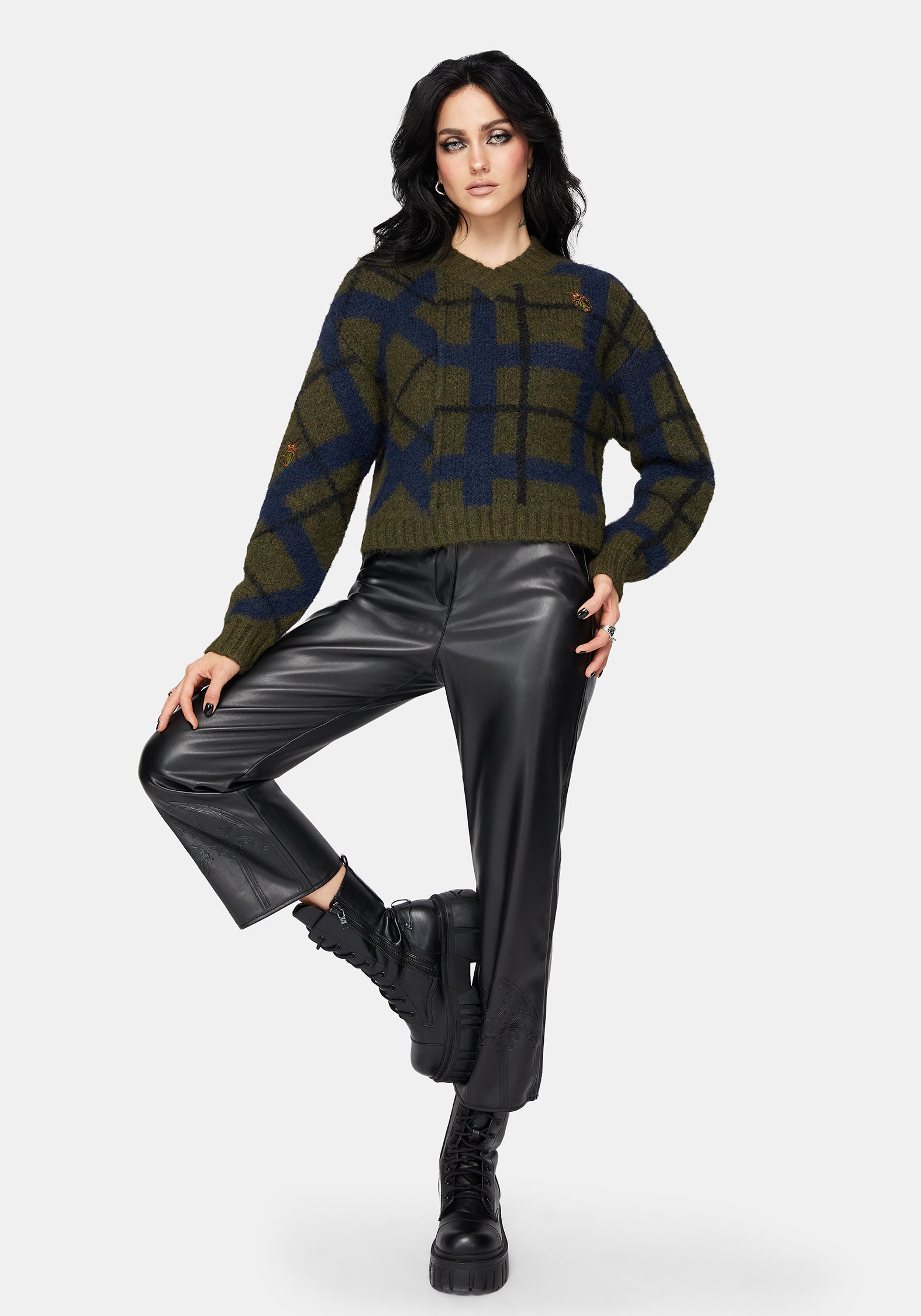 Blackwater Debossed Faux Leather Straight Leg Cropped Trousers