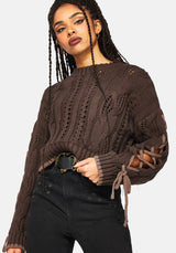 Sycamore Cotton Lace Up Sleeve Cable Knit Crop Jumper - Brown