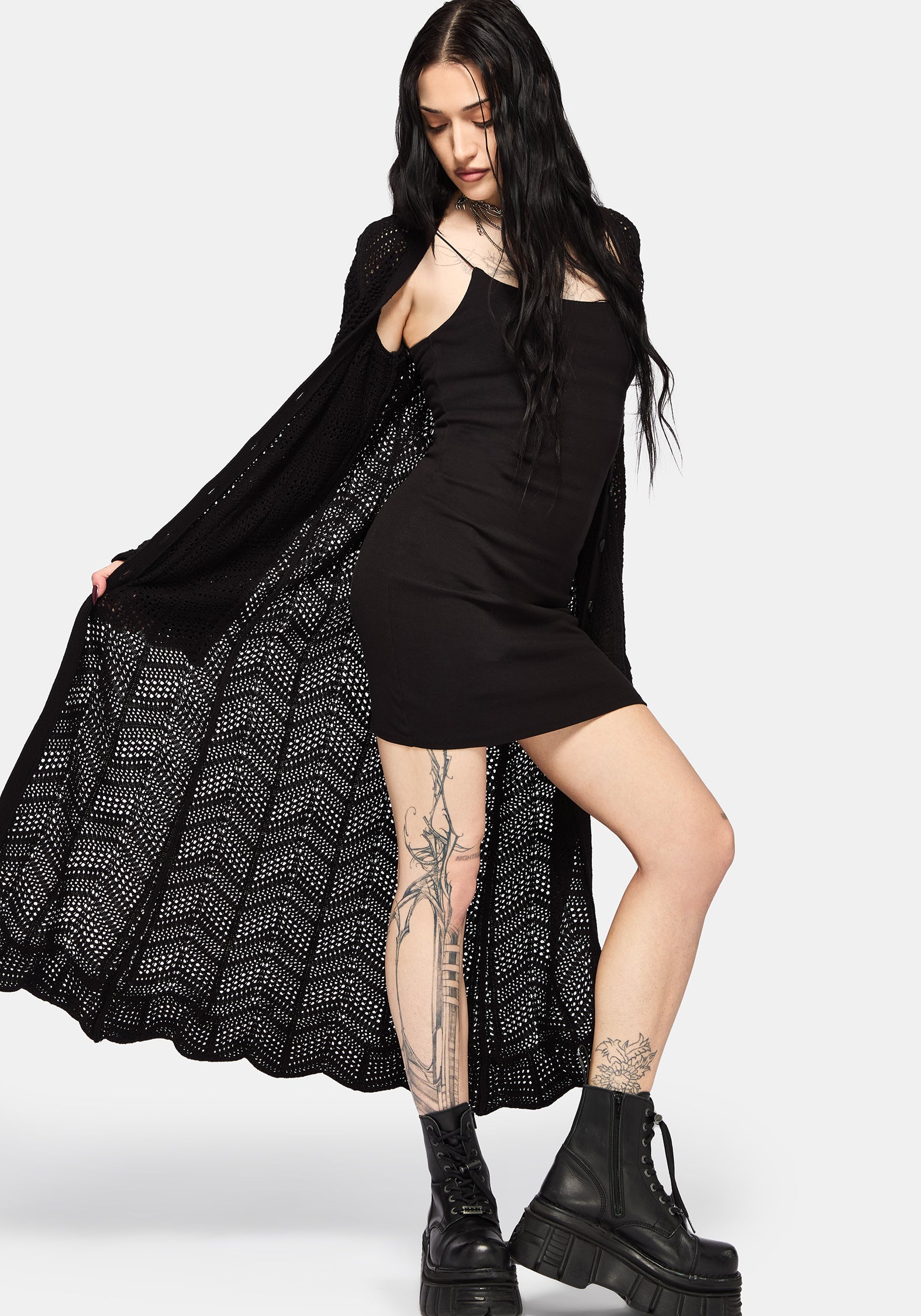 Aenaes Longline Crochet Maxi Cardigan