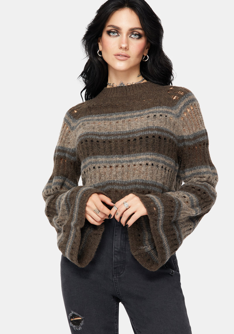 Splinter Stripe Knit Flare Sleeve Crop Jumper - Brown