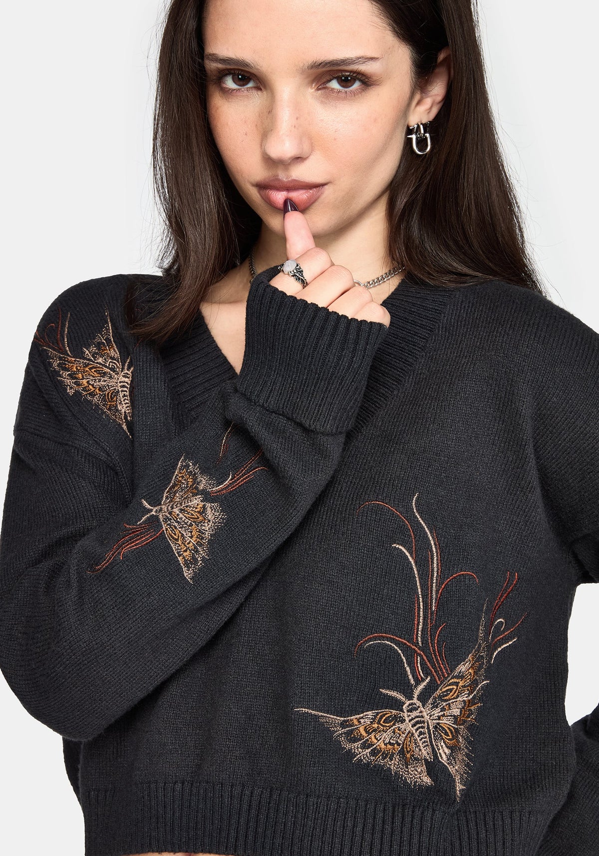 Ember Moth Embroidered V-Neck Knit Jumper