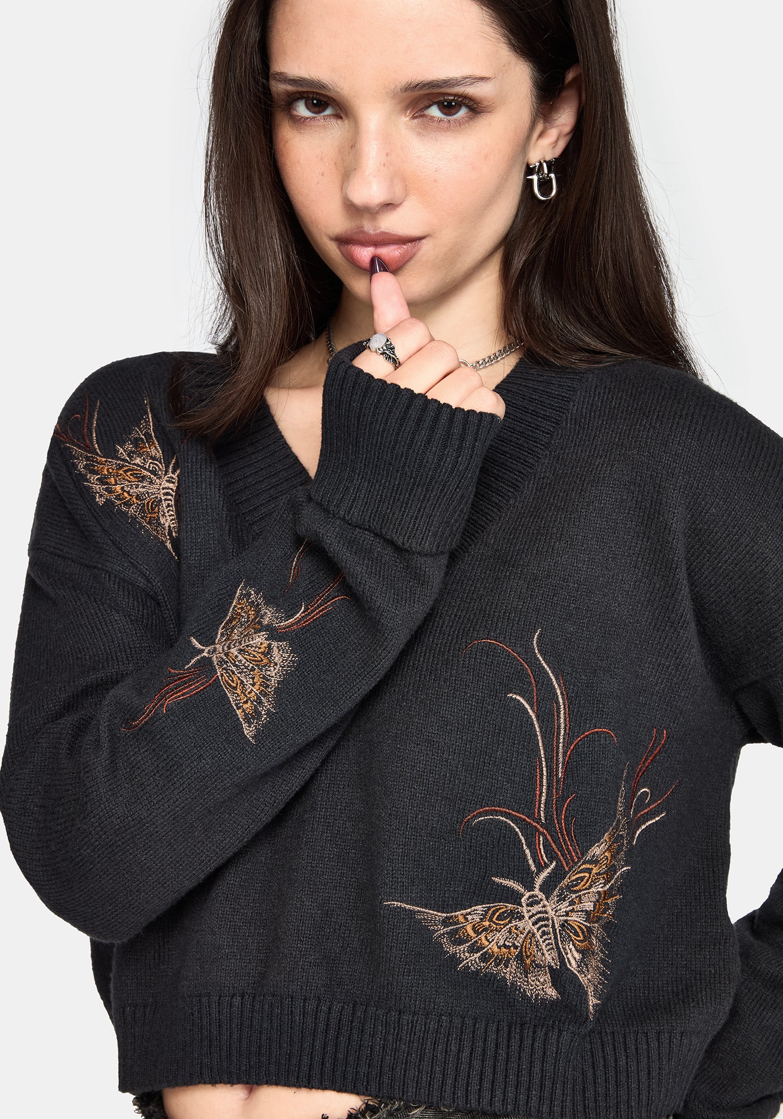 Ember Moth Embroidered V-Neck Knit Jumper