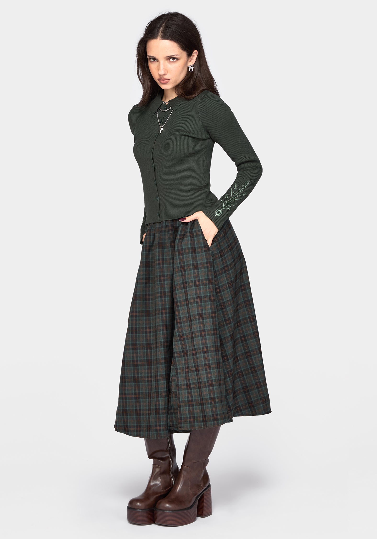 Cybele Embroidered Button Up Ribbed Knit Cardigan - Green