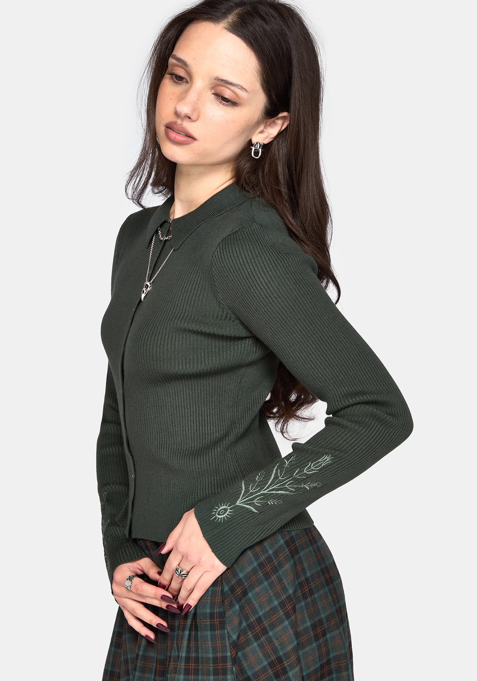 Cybele Embroidered Button Up Ribbed Knit Cardigan - Green