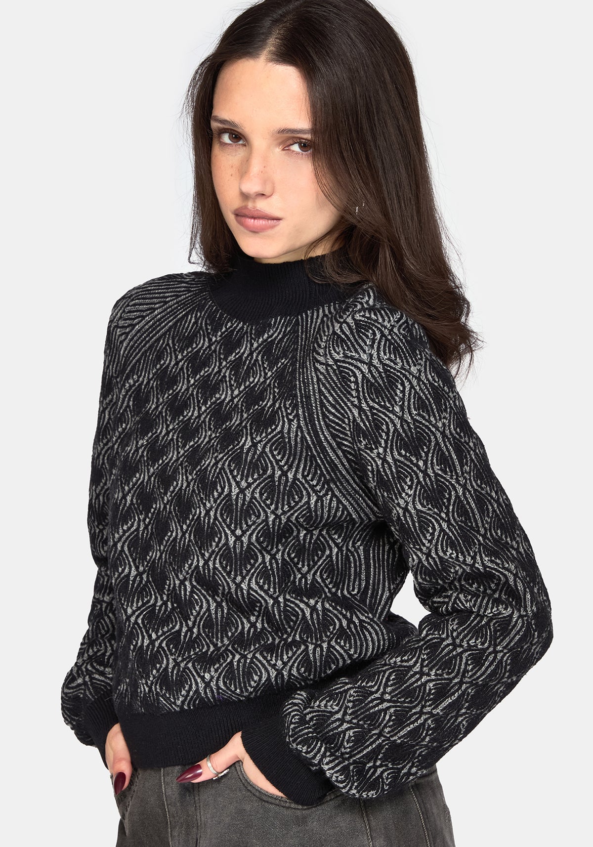 Edna Cotton Leaf Ribbed Funnel Neck Jumper - Black