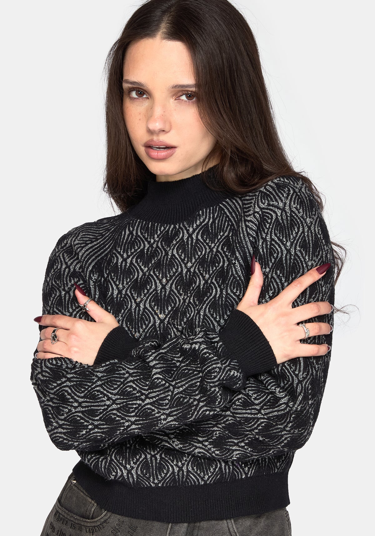 Edna Cotton Leaf Ribbed Funnel Neck Jumper - Black