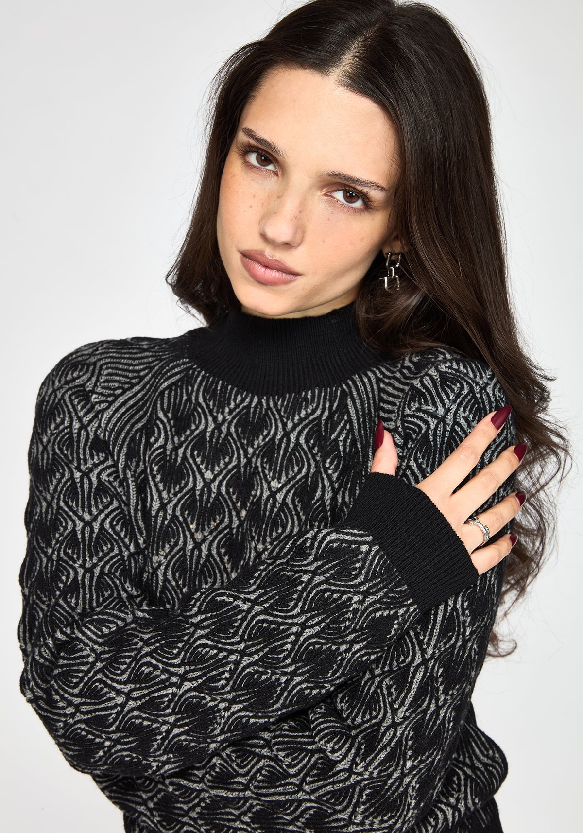 Edna Cotton Leaf Ribbed Funnel Neck Jumper - Black