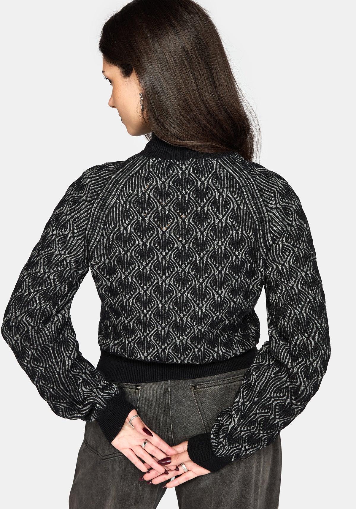 Edna Cotton Leaf Ribbed Funnel Neck Jumper - Black
