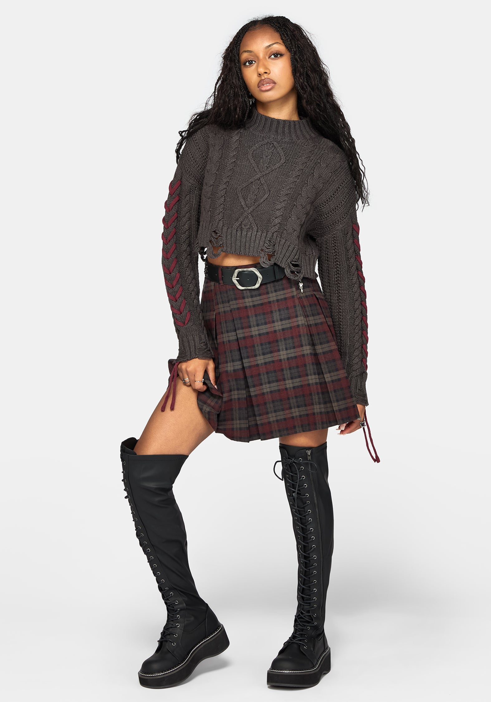 Skulk Distressed Cable Knit Crop Jumper - Charcoal