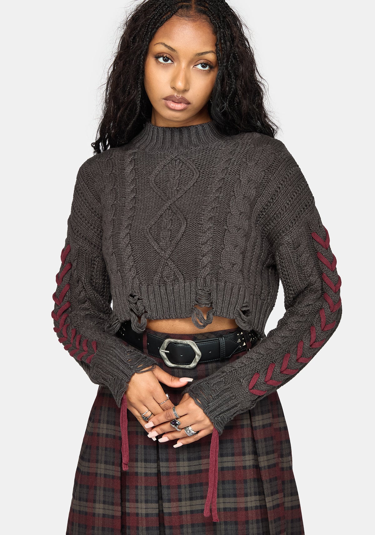 Skulk Distressed Cable Knit Crop Jumper - Charcoal