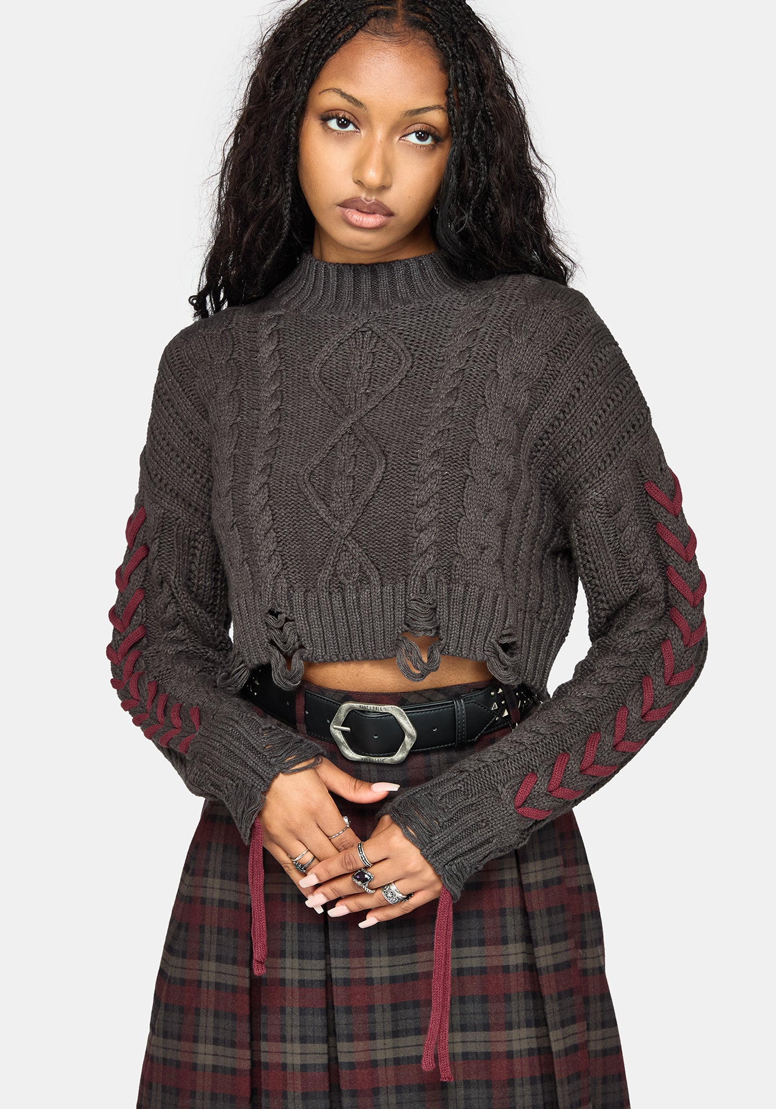 Skulk Distressed Cable Knit Crop Jumper - Charcoal