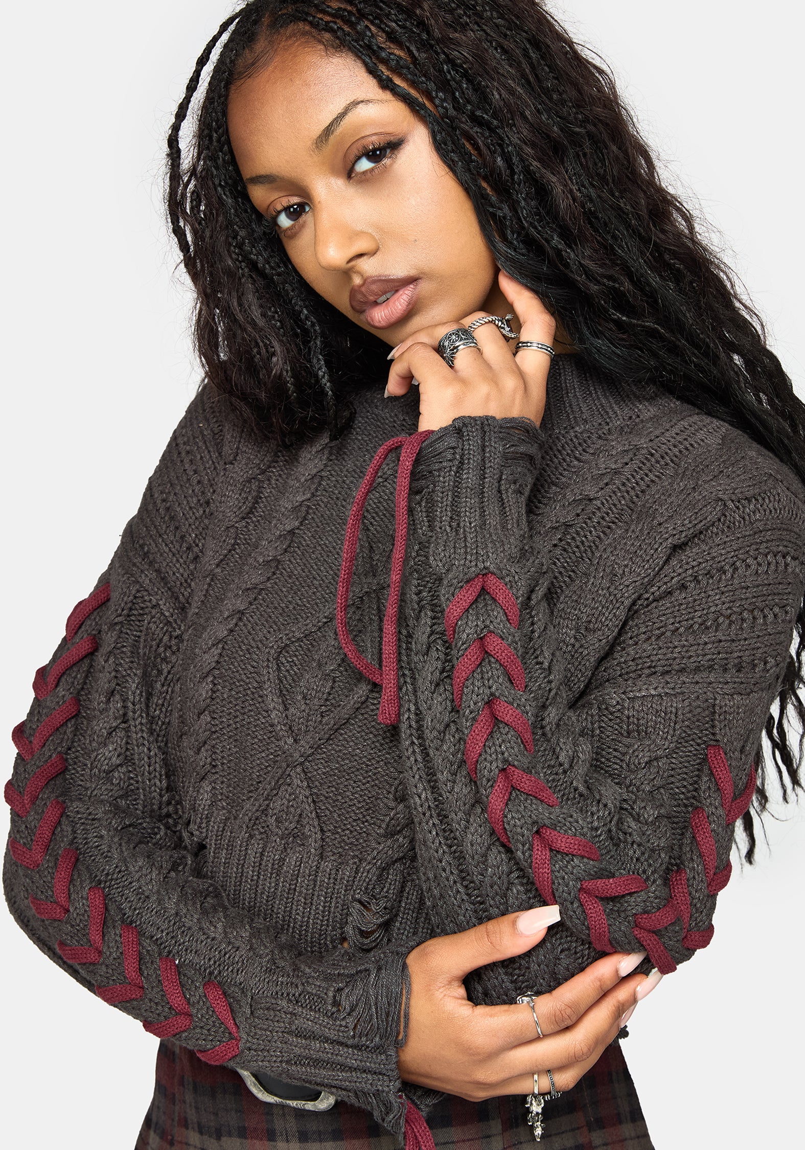 Skulk Distressed Cable Knit Crop Jumper - Charcoal