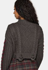 Skulk Distressed Cable Knit Crop Jumper - Charcoal