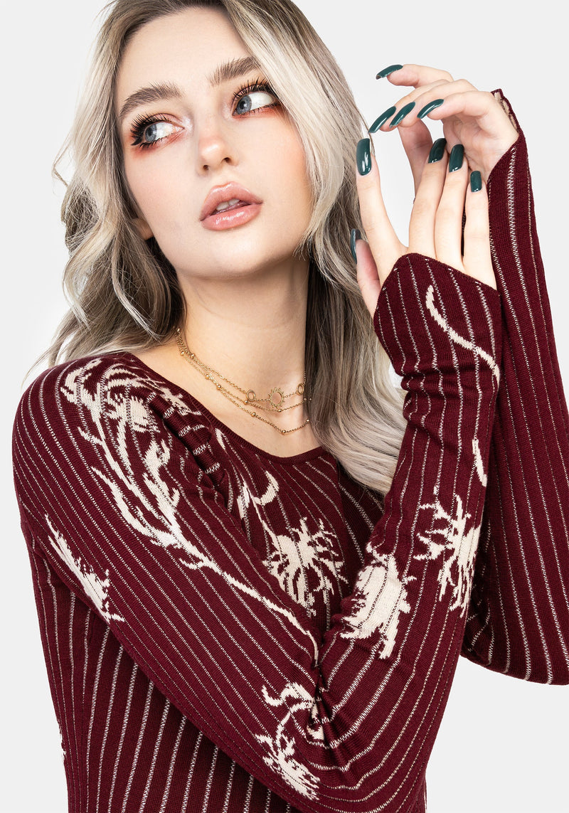Diastella Floral Jacquard Rib Knit Raglan Sleeve Top - Red
