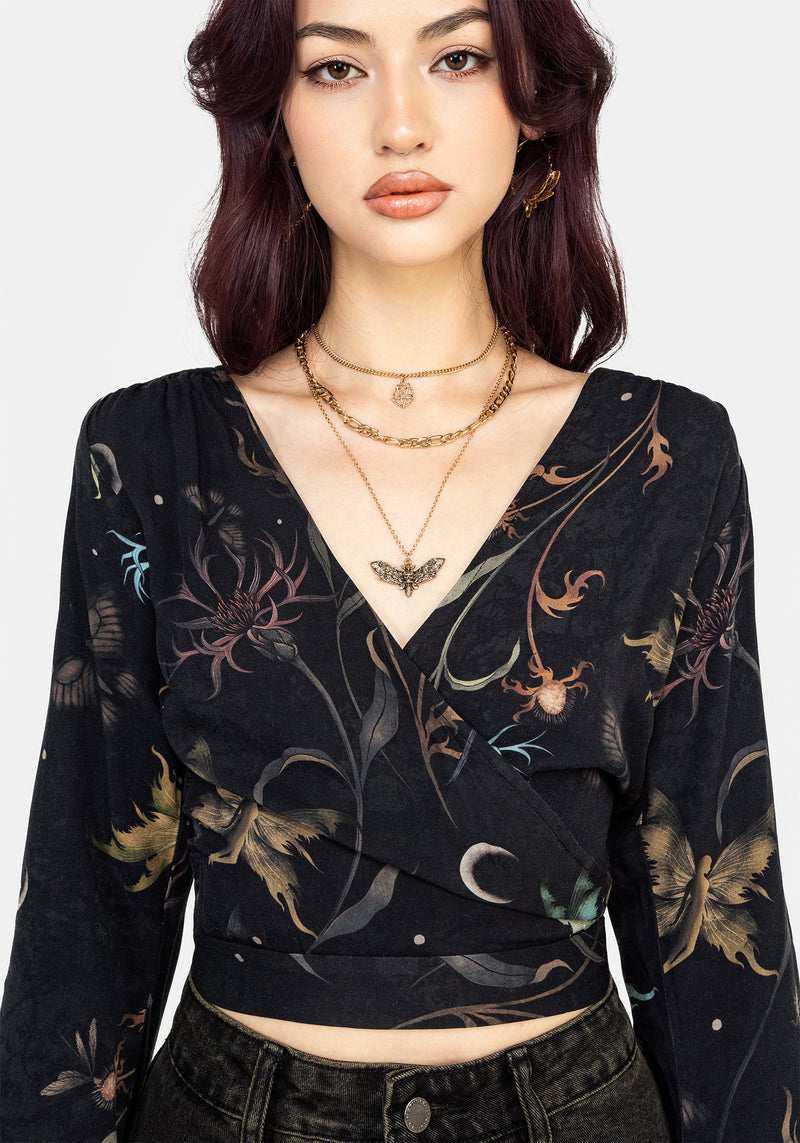 Rosanella Floral Print Flare Sleeve Wrap Top