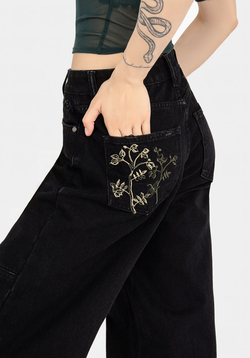 Buckthorn Embroidered Denim Barrel Leg Jeans