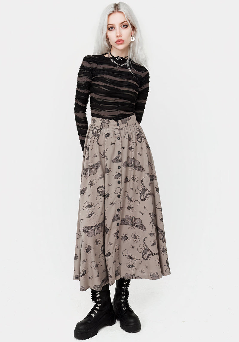 Parasite Bugs Print Button Down Midi Skirt - Taupe