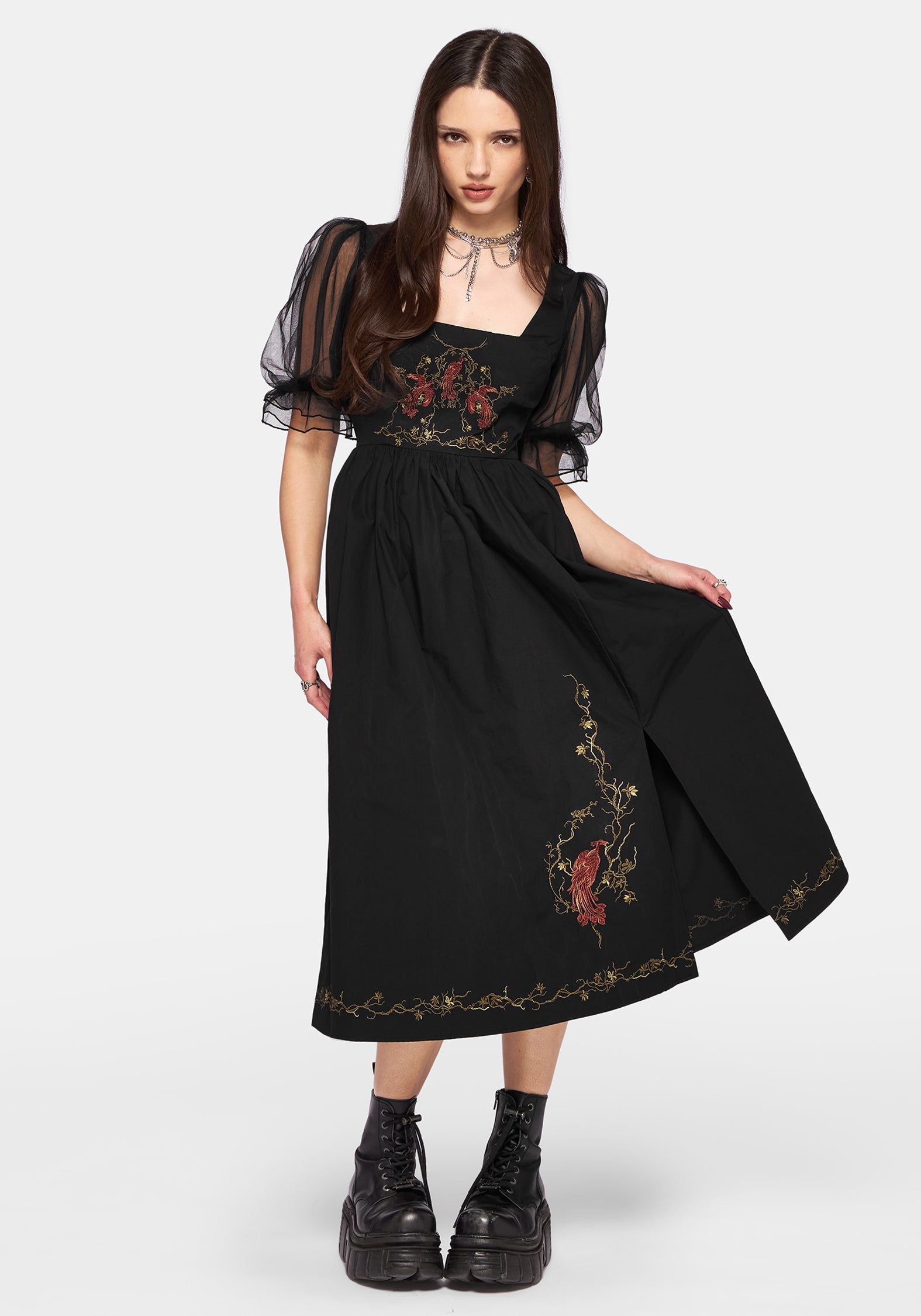 Phoenix Cotton Embroidered Puff Sleeve Midi Dress