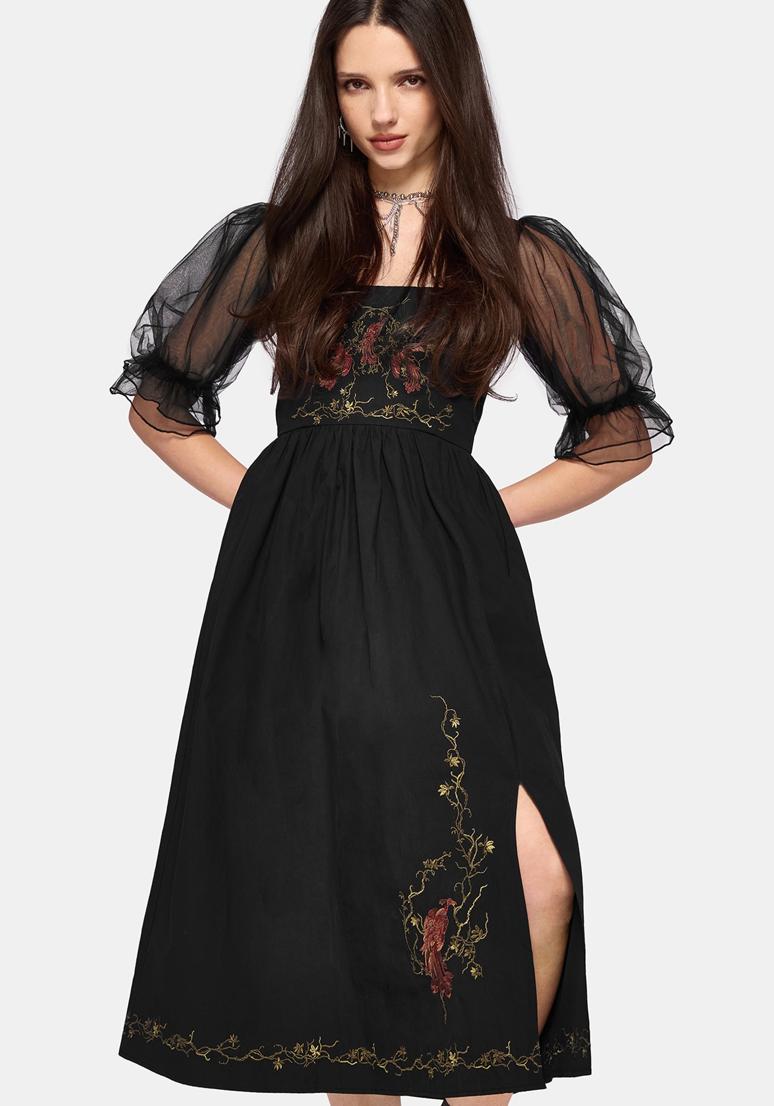 Phoenix Cotton Embroidered Puff Sleeve Midi Dress