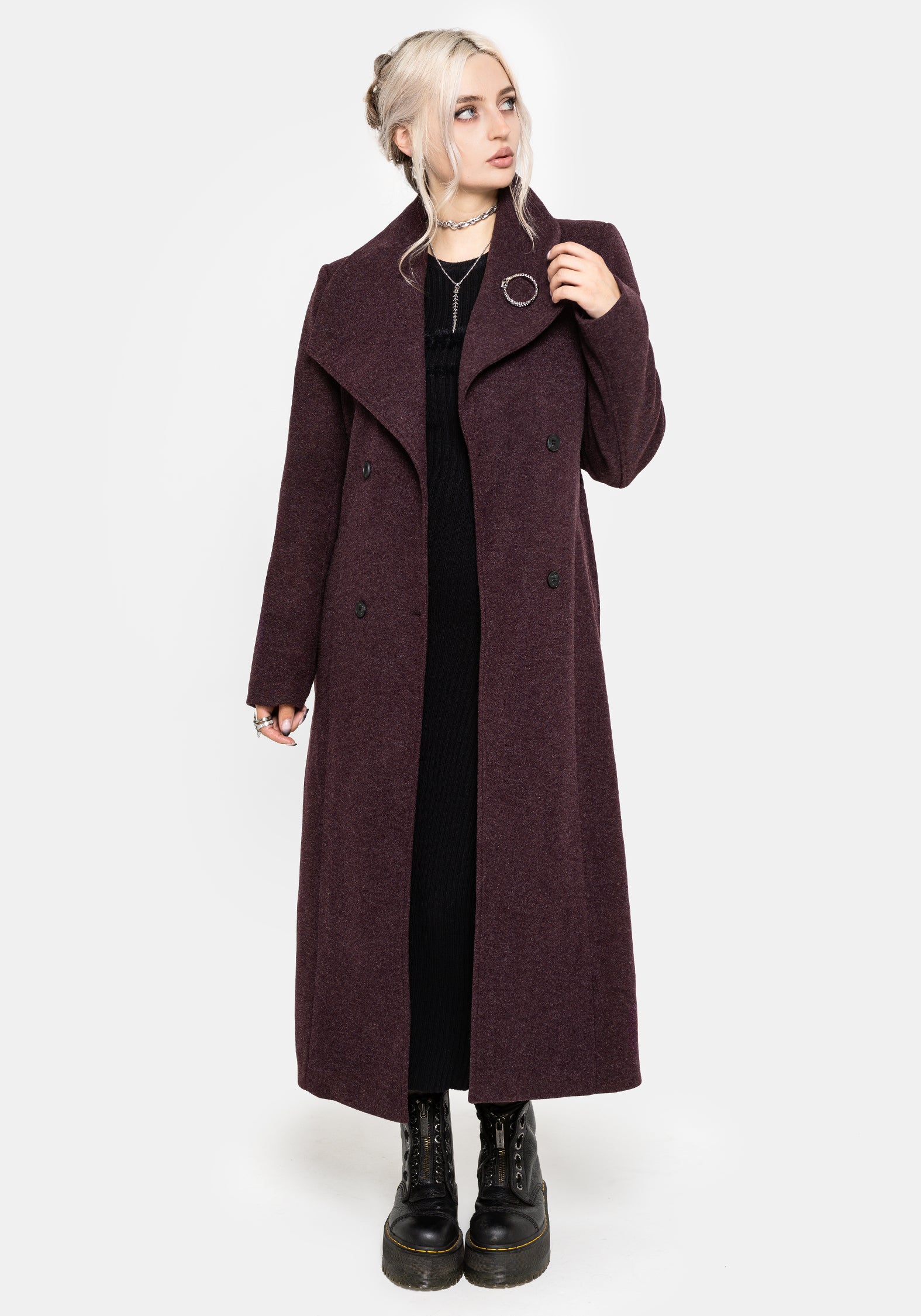 Abyss Tie Waist Double Breasted Coat With Snake Brooch - Plum