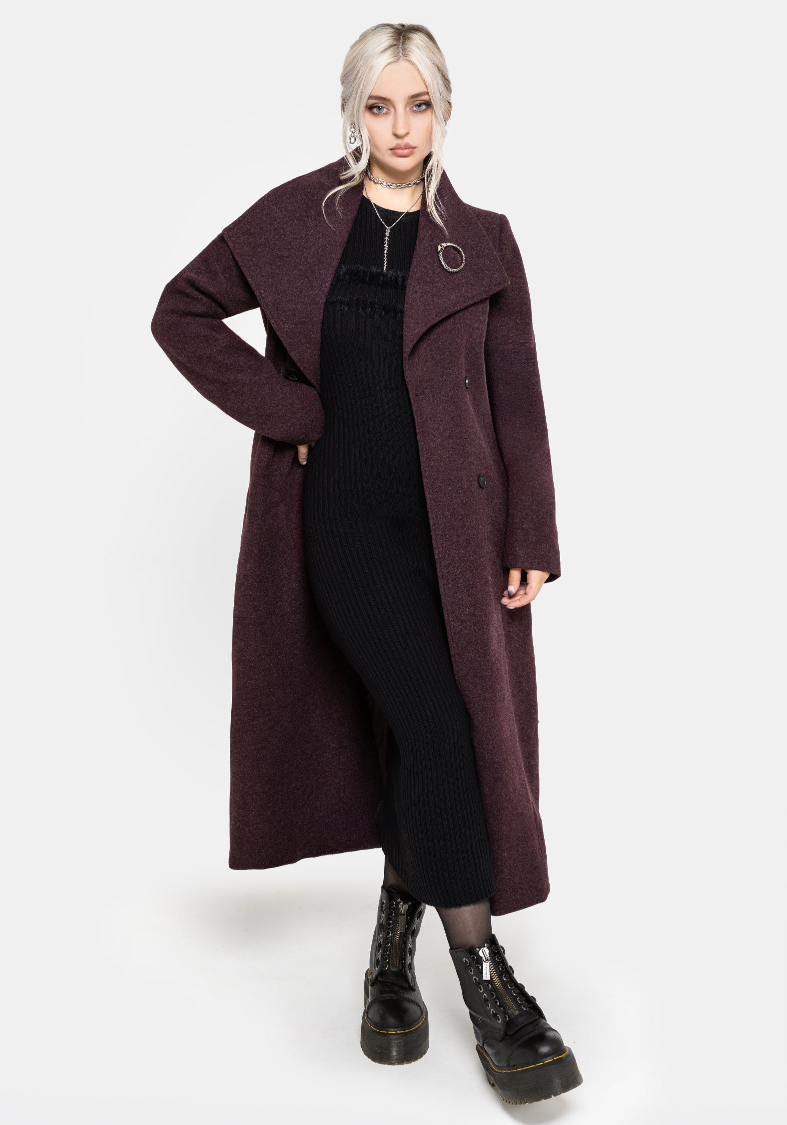 Abyss Tie Waist Double Breasted Coat With Snake Brooch - Plum